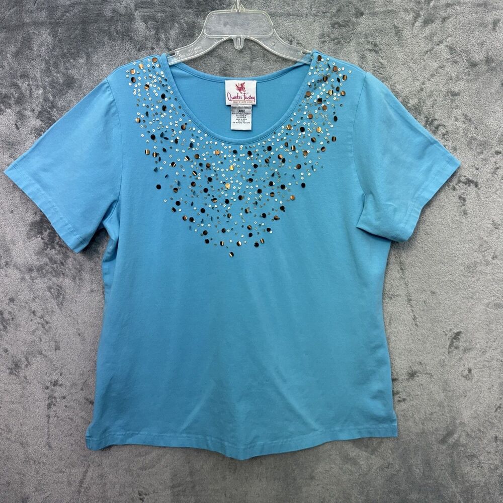 Quacker Factory large top turquoise embellished sequins cotton blend